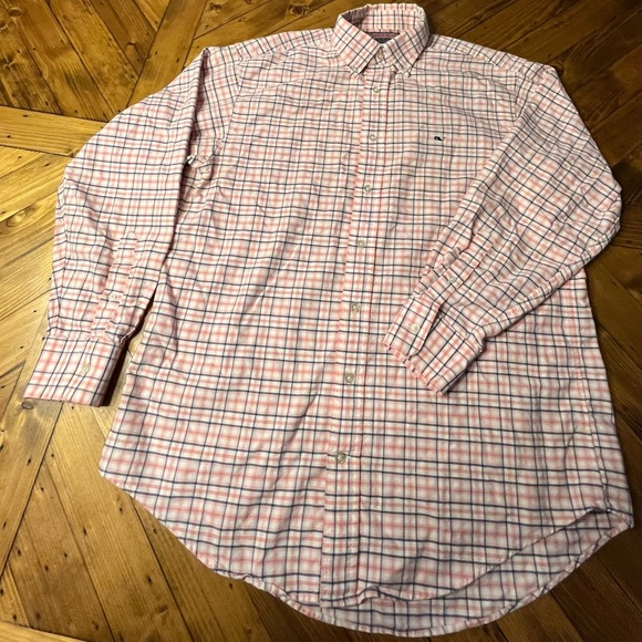 Vineyard Vines Long sleeve dress shirt. Pink, Navy, White plaid in color. - Picture 3 of 3